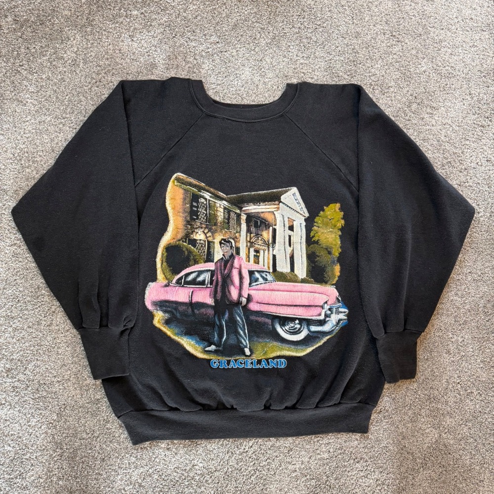 Vintage 80/90s Graceland Elvis Presley Pink Cadillac Graphic Sweatshirt Black M